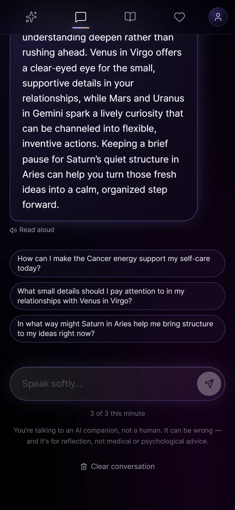 The Companion tab: a conversation about your chart, with gentle follow-up questions.