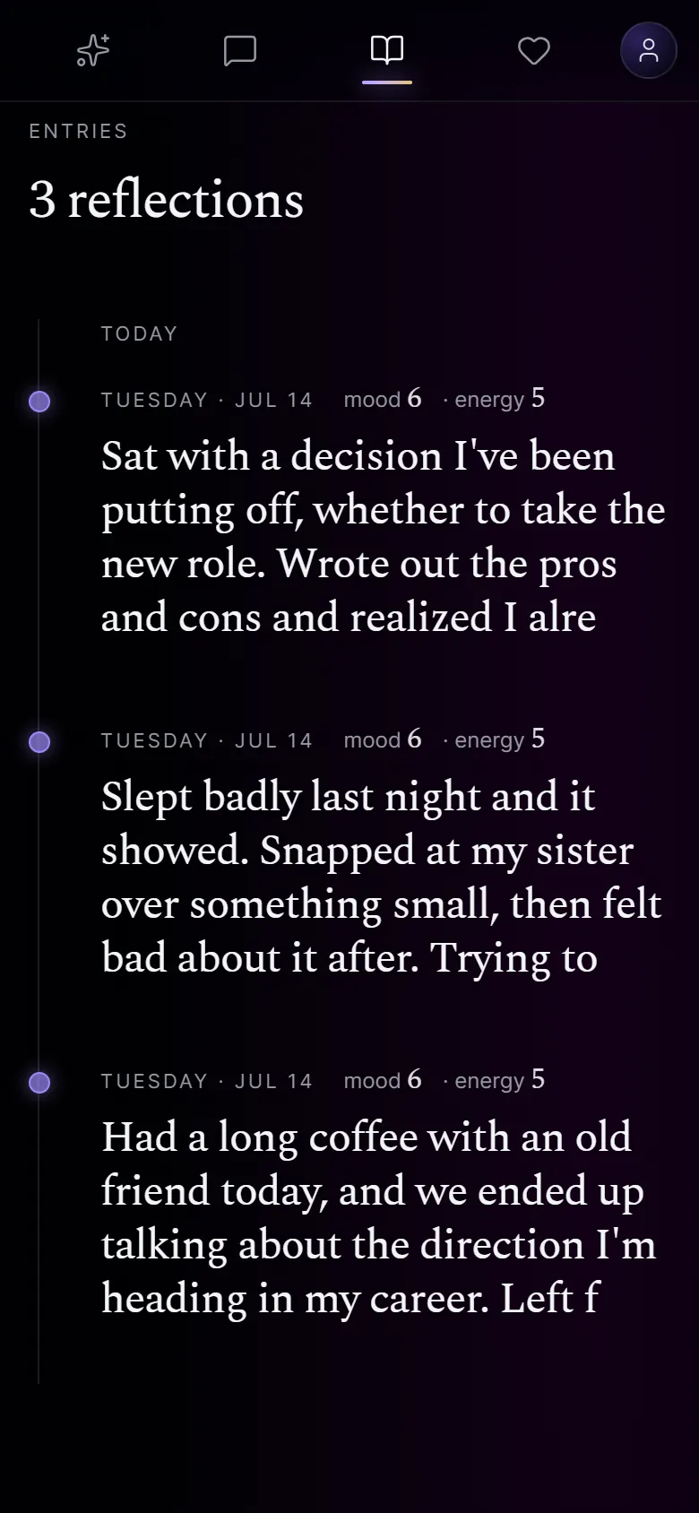 The Journal tab: a day of private reflections with mood and energy.