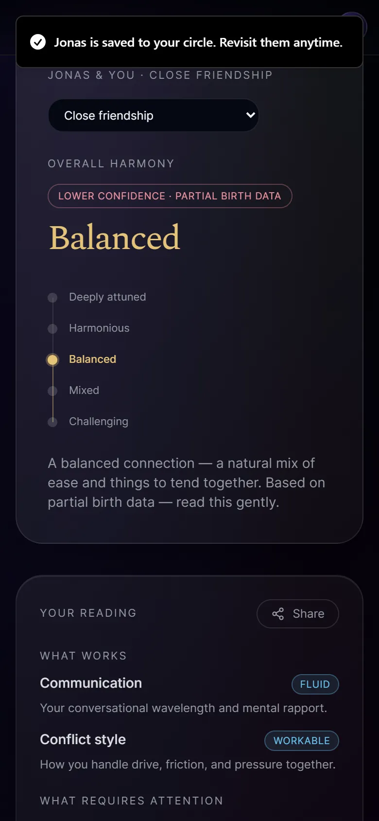 The Relationship tab: a reading for two charts, with an overall harmony scale.
